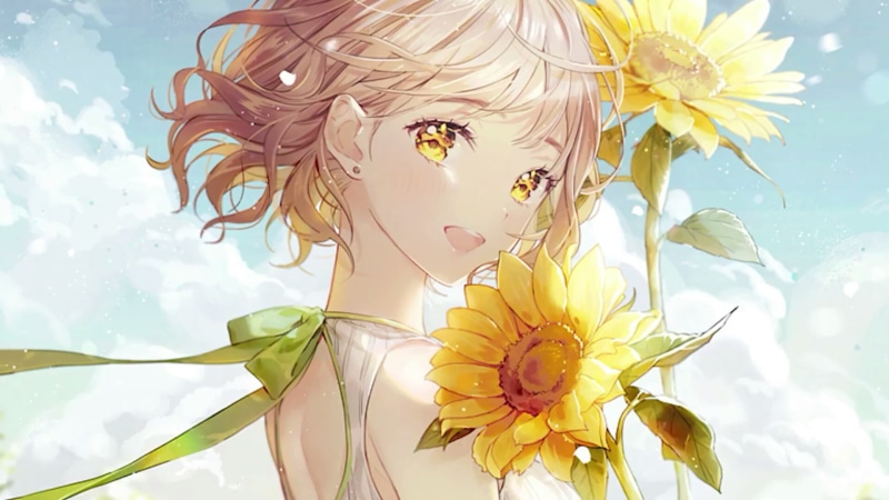 cute, anime girl, sky, blonde hair, anime art, sunflower, 1080P