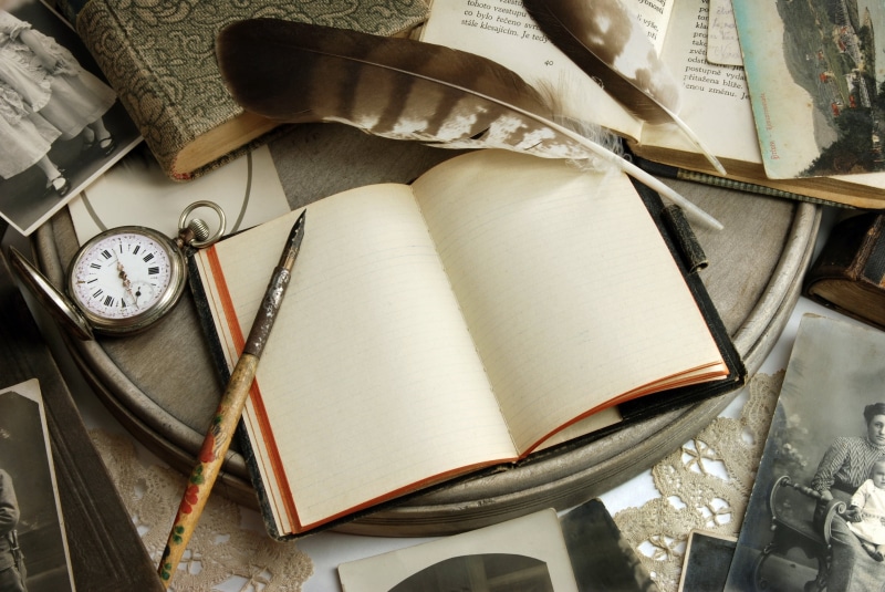 page, old, book, retro Styled, nostalgia, still life, writing, document, indoors, white, time, high angle view, close-up, cards, backgrounds, feather, books