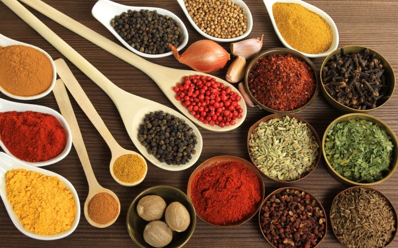 spice, pepper, ground - Culinary, directly above, anise, turmeric, bowl, choice, crockery, spices, backgrounds, organic, nutmeg, wood - Material, fennel