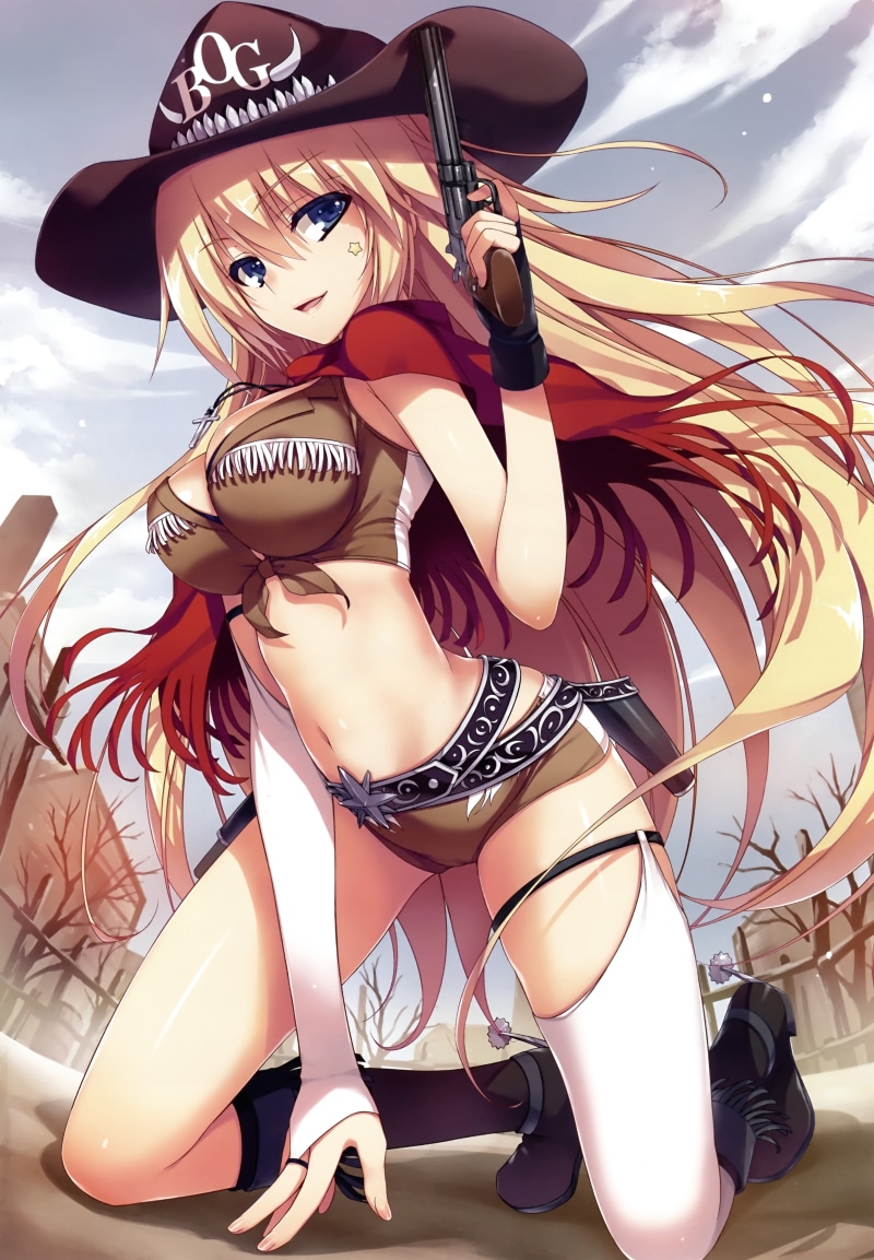crockery, gun, cameltoe, clothing, original characters, business, day, fashion, choice, shoe, variation, art and craft, Tomose Shunsaku, cleavage, close-up