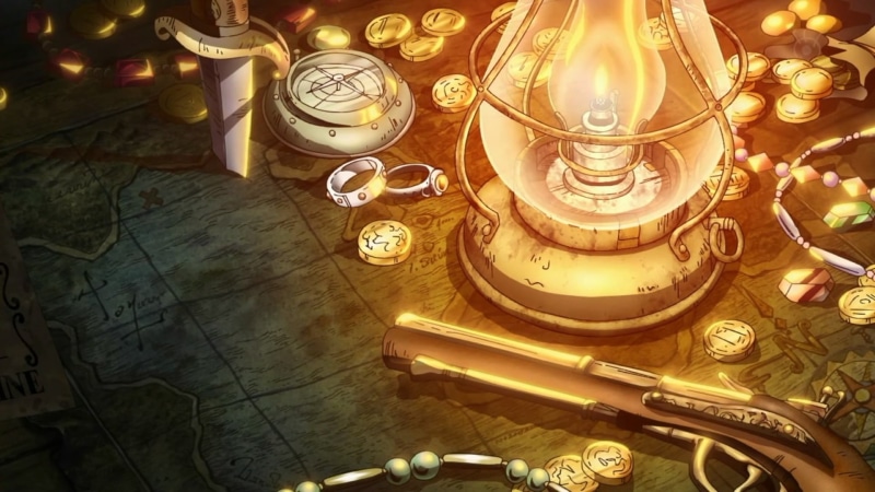 One Piece, rings, belief, religion, wealth, large group of objects, anime, decoration, electric lamp, antique, ornate, metal, lantern, table, coins, crockery