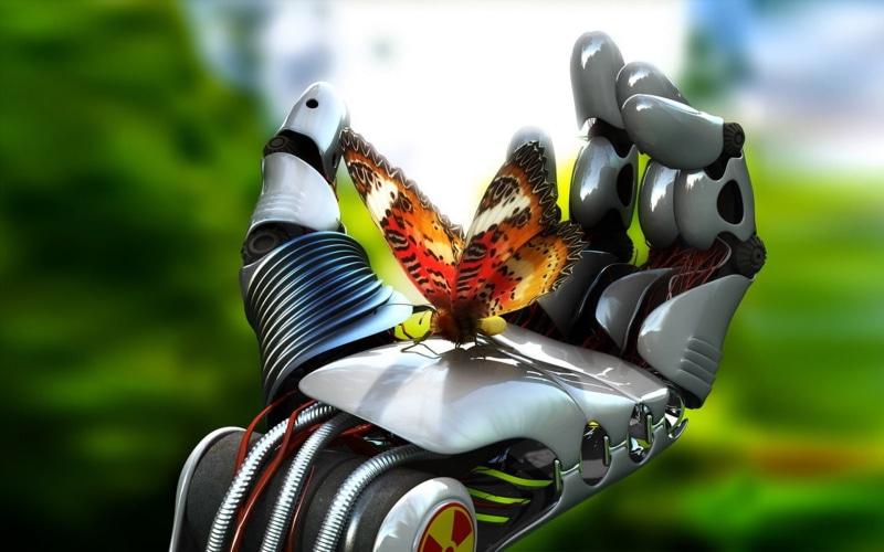 toy, robot, 3D, flowering plant, fantasy art, focus on foreground, 1080P, close-up, art and craft, selective focus, nature, hands, flower, outdoors, no people