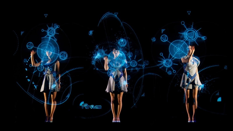 indoors, people, illuminated, black background, science fiction, technology, women, Perfume (Band), standing, night, dark, obscured face, concerts, hologram