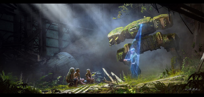 hologram, ruins, plants, Vladimir Manyukhin, armor, moss, cannons, futuristic, people, grass, men, hangar, machine, culture, women, 1080P, gun