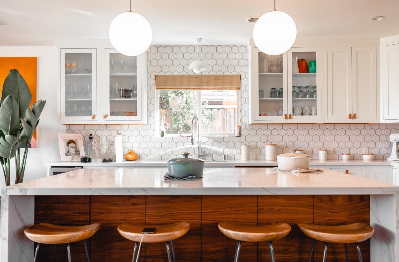 pub, domestic kitchen, no people, furniture, room, modern kitchen, lighting equipment, sink faucet, architecture, table, food, tiled floor, window, chair