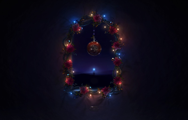 black background, holiday - event, baubles, night, floral, stars, christmas lights, brown, 2K, tree, copy space, red, plant, Christmas, christmas ornament