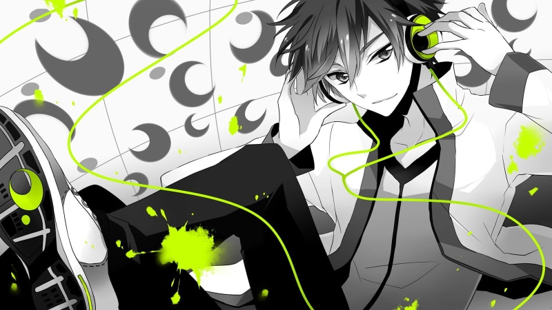 boy, nature, abstract, corded, growth, day, 720P, no people, headphones, studio shot, green, character, close-up, leisure activity, backgrounds, Vocaloid
