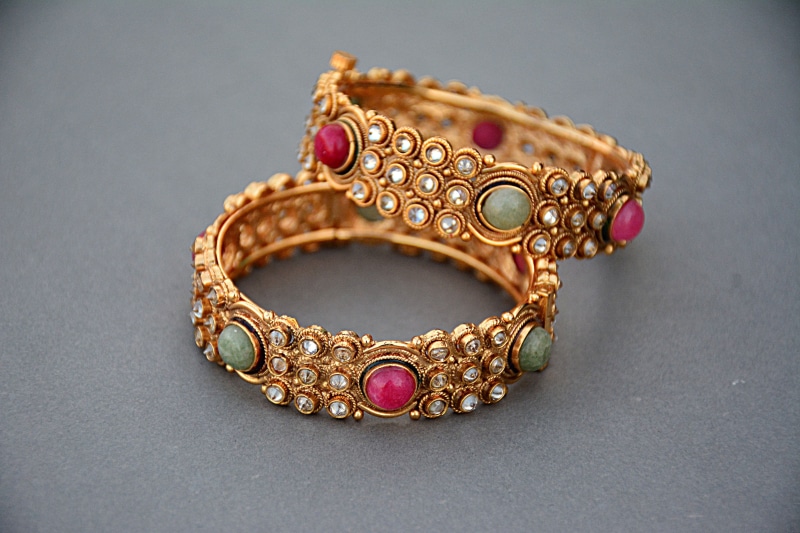 bracelets, precious gem, 4K, luxury, fashion, gold, colored, two, art and craft, gold jewelry, indoors, bracelet, antique, studio shot, jewelry, elegance