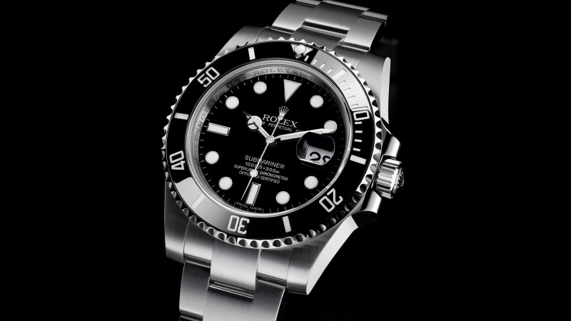 no people, silver colored, studio shot, steel, Submariner 116610, clock, wristwatch, Rolex, technology, indoors, metal, black background, close-up, cut out