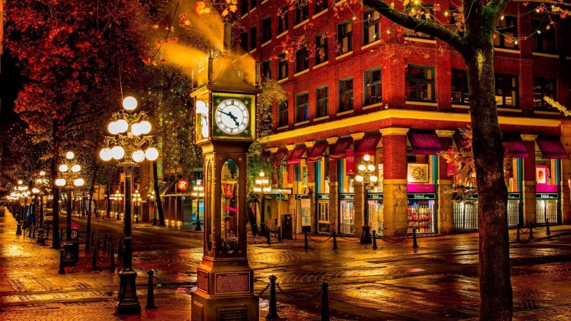 evening, clock, canada, landmark, city lights, north america, downtown, 1080P, street clock, tourist attraction, gastown steam clock, vancouver, street lights