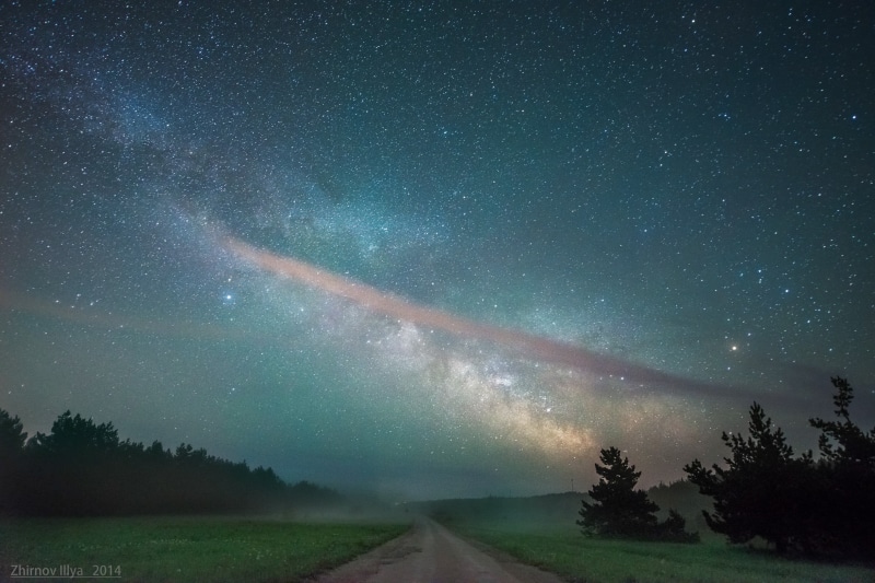 galaxy, star - space, scenics - nature, tree, sky, road, 1080P, direction, environment, astronomy, tranquil scene, space, star trails, tranquility, painting