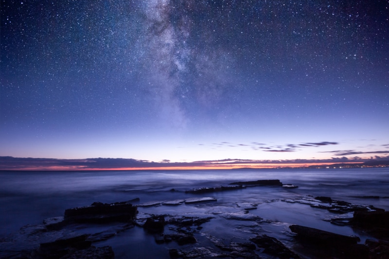space, sky, landscape, night, astronomy, blue, calm, water, body of water, 5K, panorama, nature, way, sunset, body, nebula, stars, cabezas, sea, star - Space