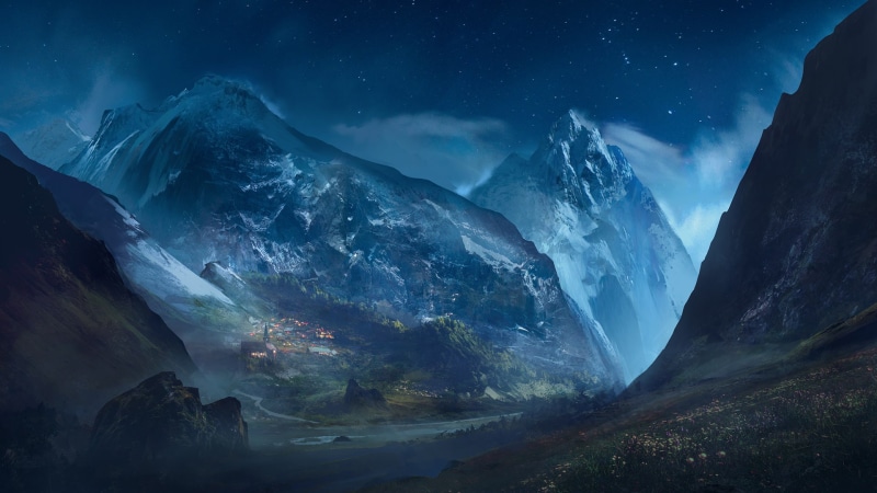 village, 1080P, night, valley, landscape, mountains, stars