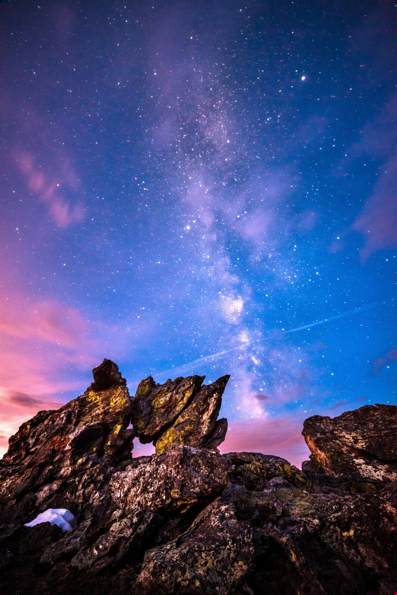 nature, Out There, 5K, nebula, low angle, mountain, night  sky, way, angle, rokinon, low, f/2.8, nikon  d800, rock - Object, blue, outdoors, space, astronomy