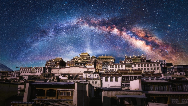 buddhism, tibetan, tibet, shangrila, songzanlin scenic area, lamasery, starry night, songzanlin temple, shangri la, 4K, milky way, minor potala palace