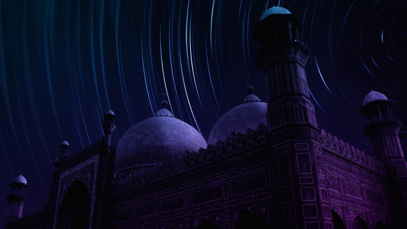 dome, low angle view, night, no people, place of worship, built structure, star trails, architectural column, religion, belief, lahore, the past, light trails