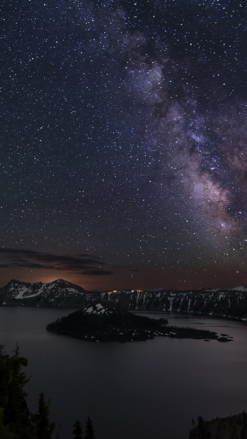 pivot, lake, sky, Crater Lake (Oregon), mountains, 1080P, stars