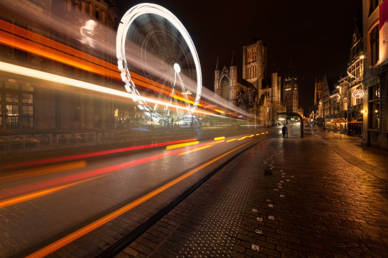 famous Place, transportation, urban Scene, wheel, ferris, traffic, blurred Motion, street, cityscape, long Exposure, speed, city Life, illuminated, dusk