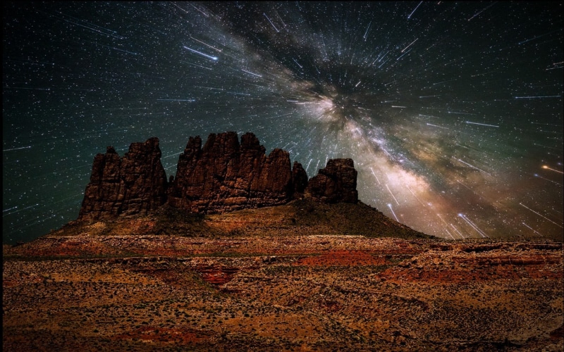 motion, nature, star field, sky, night, starry night, star trail, blurred motion, rock, formation, Milky Way, brown, space, desert, astronomy, 720P, rock formation