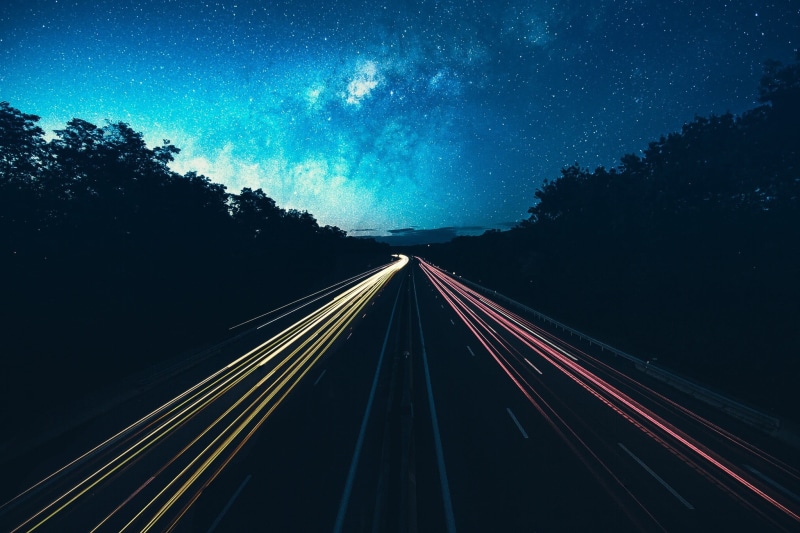 digital art, highway, constellation, nature, star - Space, road, night, transportation, multiple Lane Highway, lights, milky way, blurred motion, star Trail