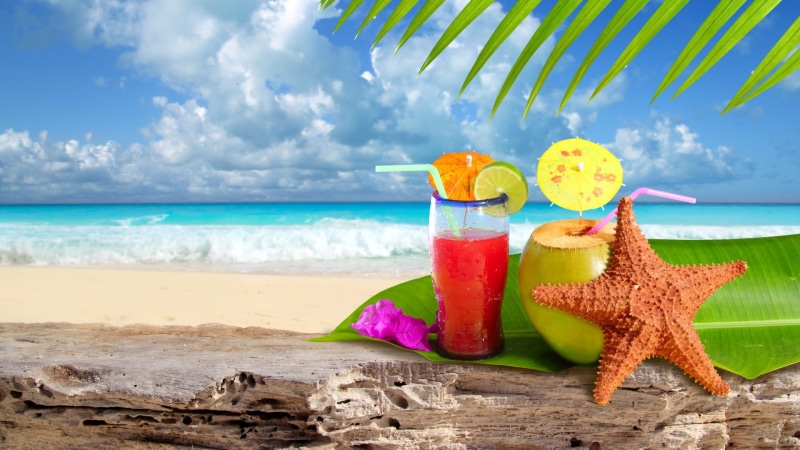 summer, sky, leaves, landscape, drinks, fruit juice drinks, 1080P, glass, clear, juice, lemon, tropical, fruit, drinking, beach, starfish, sea