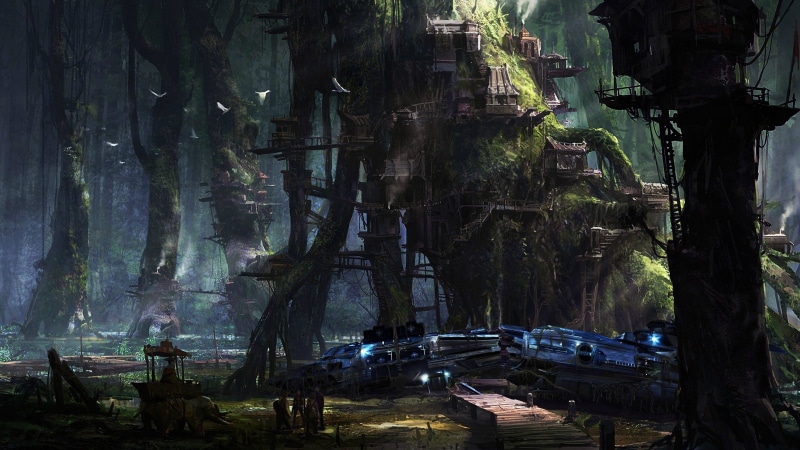 treehouse, futuristic, green, day, leaves, tree trunk, old, fantasy art, nature, growth, no people, tree, ruined, Star Citizen, land, building
