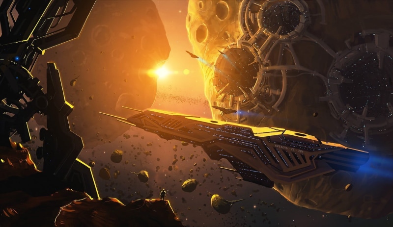 night, space, sparks, architecture, science fiction, sunset, spaceship, mode of transportation, nature, video games, window, motor vehicle, lens flare