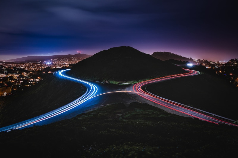 nature, road, highway, winding road, 1080P, outdoors, light trail, sky, speed, illuminated, motion, street, light, curve, scenics - nature, high angle view
