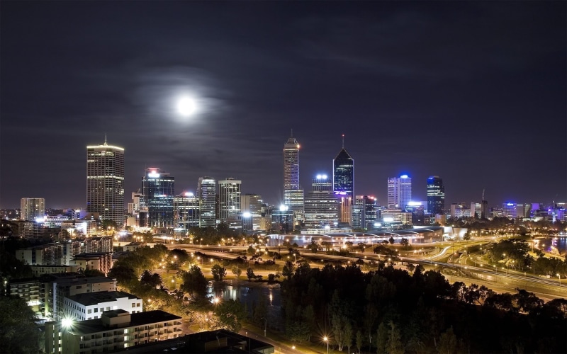 building, city, financial district, night, city lights, illuminated, modern, architecture, sky, skyscraper, light trails, water, built structure, Australia