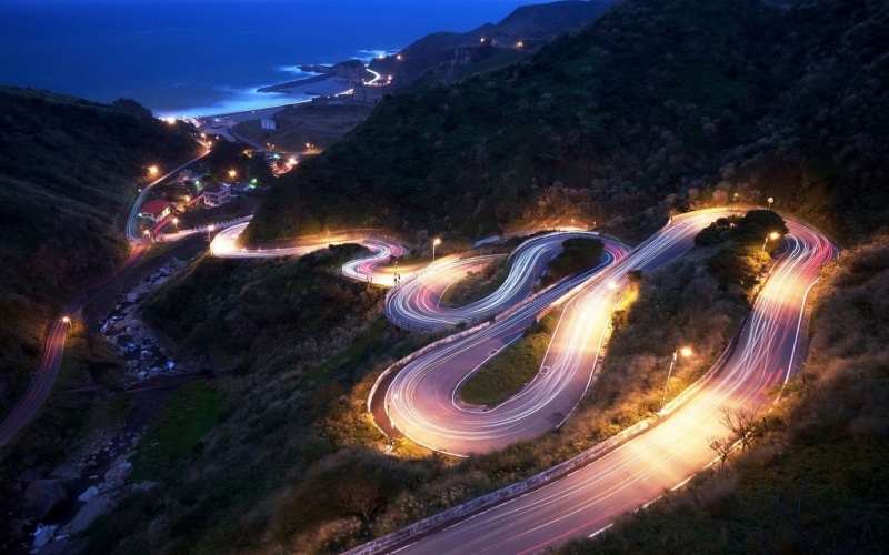 coast, light trails, 1080P, mountains, road, hairpin turns, landscape
