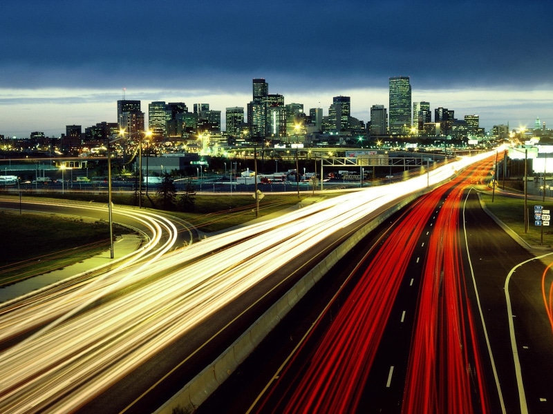 cityscape, Denver, long exposure, office building exterior, time, light trail, road, 720P, blurred motion, building exterior, city, motion, highway, transportation