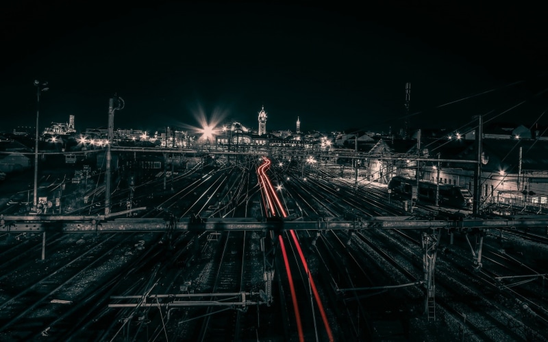 industry, outdoors, railroad track, light trails, long exposure, nature, motion, complexity, built structure, building exterior, lighting equipment, 1080P