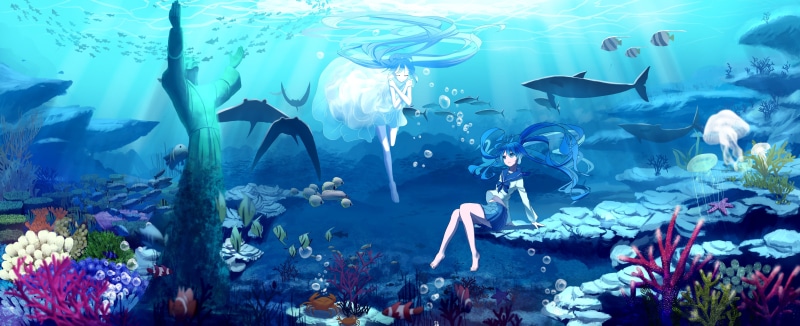sea, marine, tank, outdoors, underwater, 5K, animal themes, no people, anime girls, Vocaloid, Hatsune Miku, aquarium, vertebrate, white dress, anime, animals in the wild