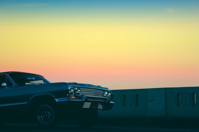 white, nature, beside, orange color, classic, low rider, vintage, sunset, mode of transportation, sky, driving, car, travel, stationary, beauty in nature