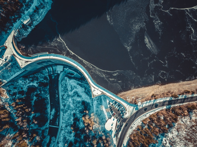 view, no people, frost, water, winding road, day, cars, frosty weather, cold, zing, body, curve, outdoors, aerial shot, colors, mountain road, top view