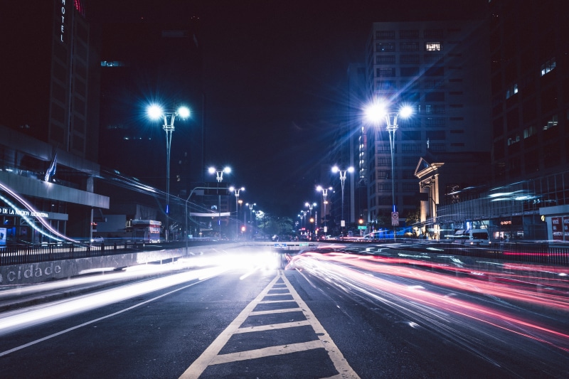street, architecture, 5K, buildings, transportation, urban, built structure, car, light trail, illuminated, gray, traffic, blur, speed, office building exterior
