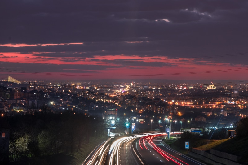 long exposure, clouds, motion, high angle shot, night, architecture, light, urban, cityscape, illuminated, speed, road, transportation system, buildings