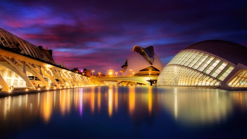 structure, evening, europe, outdoors, travel destinations, illuminated, night time, city of arts and sciences, spain, hemisfèric, reflection, sky, cityscape