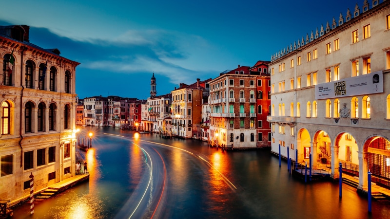 venice, canal, dusk, photography, 4K, long exposure, grand canal, light trails, italy, evening, europe