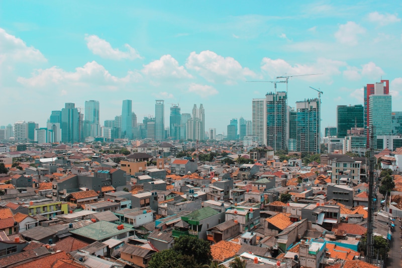 architecture, city, jakarta, indonesia, 5K, high angle view, crowded, apartment, day, roof, house, residential district, settlement, skyscraper, office building exterior