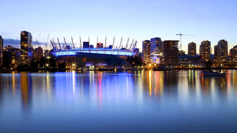 architecture, urban skyline, bc place, dusk, vancouver, night time, water, waterfront, skyline, buildings, sky, canada, 5K, outdoors, luxury, building exterior