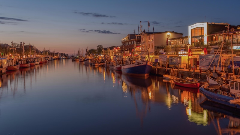water, baltic sea, moored, no people, cityscape, waterway, europe, architecture, warnemunde, sunset, evening, illuminated, reflection, boat, travel destinations