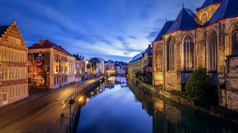 ghent, house, dusk, building exterior, waterfront, sky, nature, water, river, cloud - sky, architecture, belgium, reflection, built structure, europe, residential district