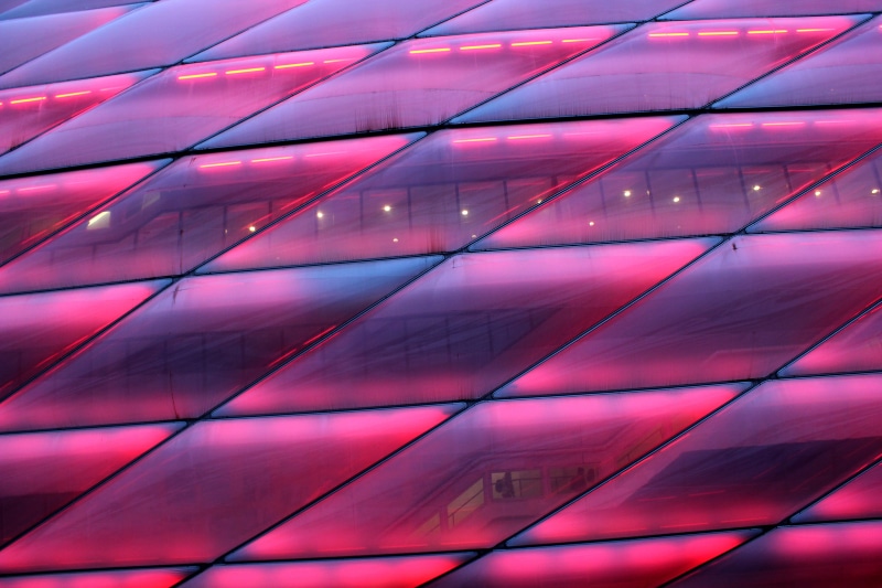 blue, Arena, close-up, bayern munich, Football, indoors, no people, ceiling, abstract, glass - material, pink color, reflection, detail, stadium, 5K, illuminated