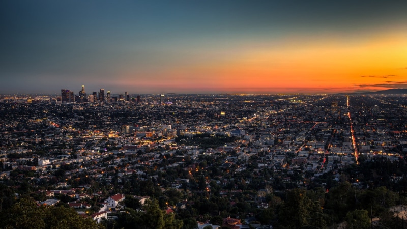 outdoors, building, crowd, high angle view, building exterior, office building exterior, photography, skyscraper, modern, Los Angeles, urban skyline, city