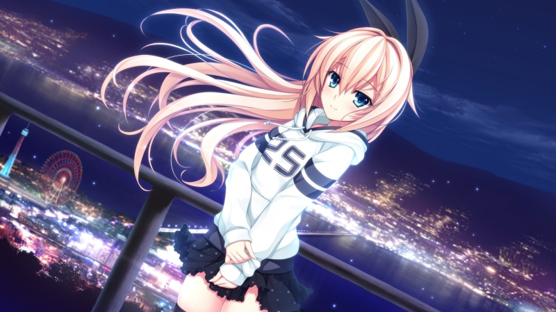 thigh-highs, anime girls, blue eyes, blonde, 1080P, Kurashiki Azusa, visual novel, skirt, Pretty x Cation 2, night