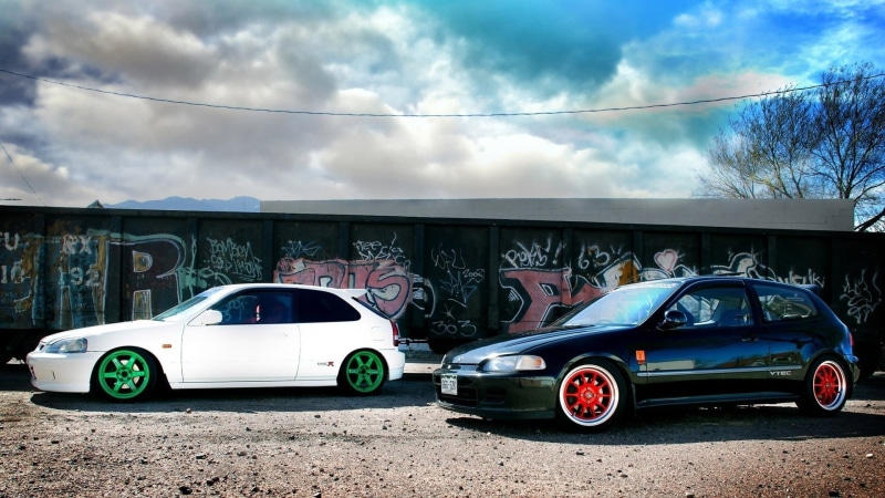 JDM, Honda, tree, street, mode of transportation, no people, garage, car, land vehicle, nature, Stance, road, built structure, sky, graffiti, day, 1080P