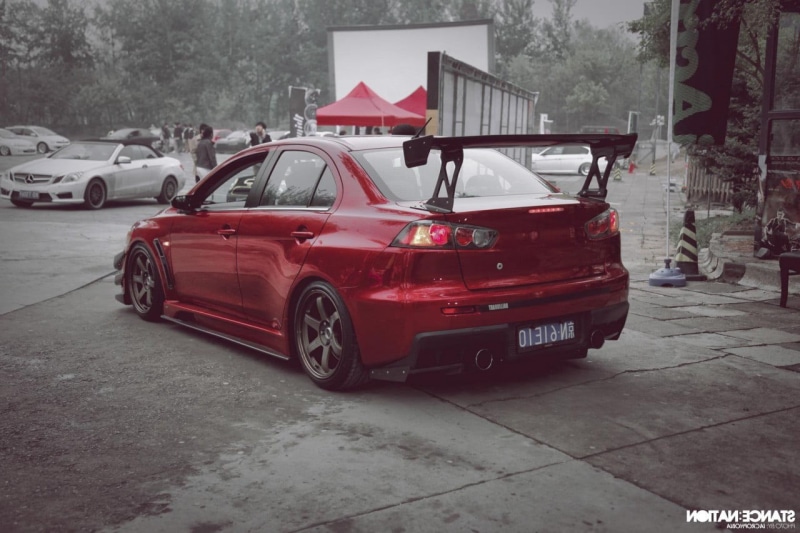 transportation, lowered, car, JDM, stationary, tree, tuning, road, Stance, Mitsubishi Lancer Evo X, city, outdoors, street, land vehicle, red, built structure