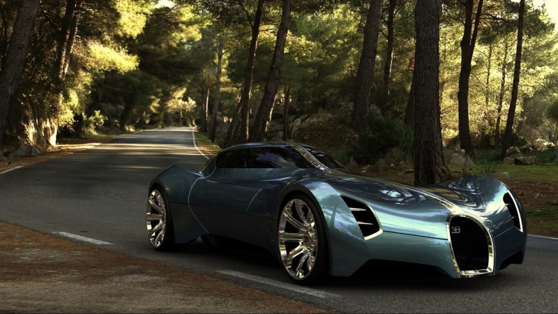 forest, gray, concept cars, nature, trunk, outdoors, land vehicle, sports, land, tree, growth, vehicle, woodland, plant, futuristic, tree trunk, road, 1080P