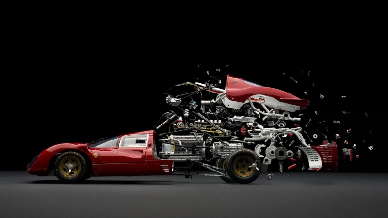 car, mode of transportation, indoors, history, land vehicle, black background, chrome, silver colored, speed, copy space, abstract car sports car parts mechanics ferrari exploded view diagram composite